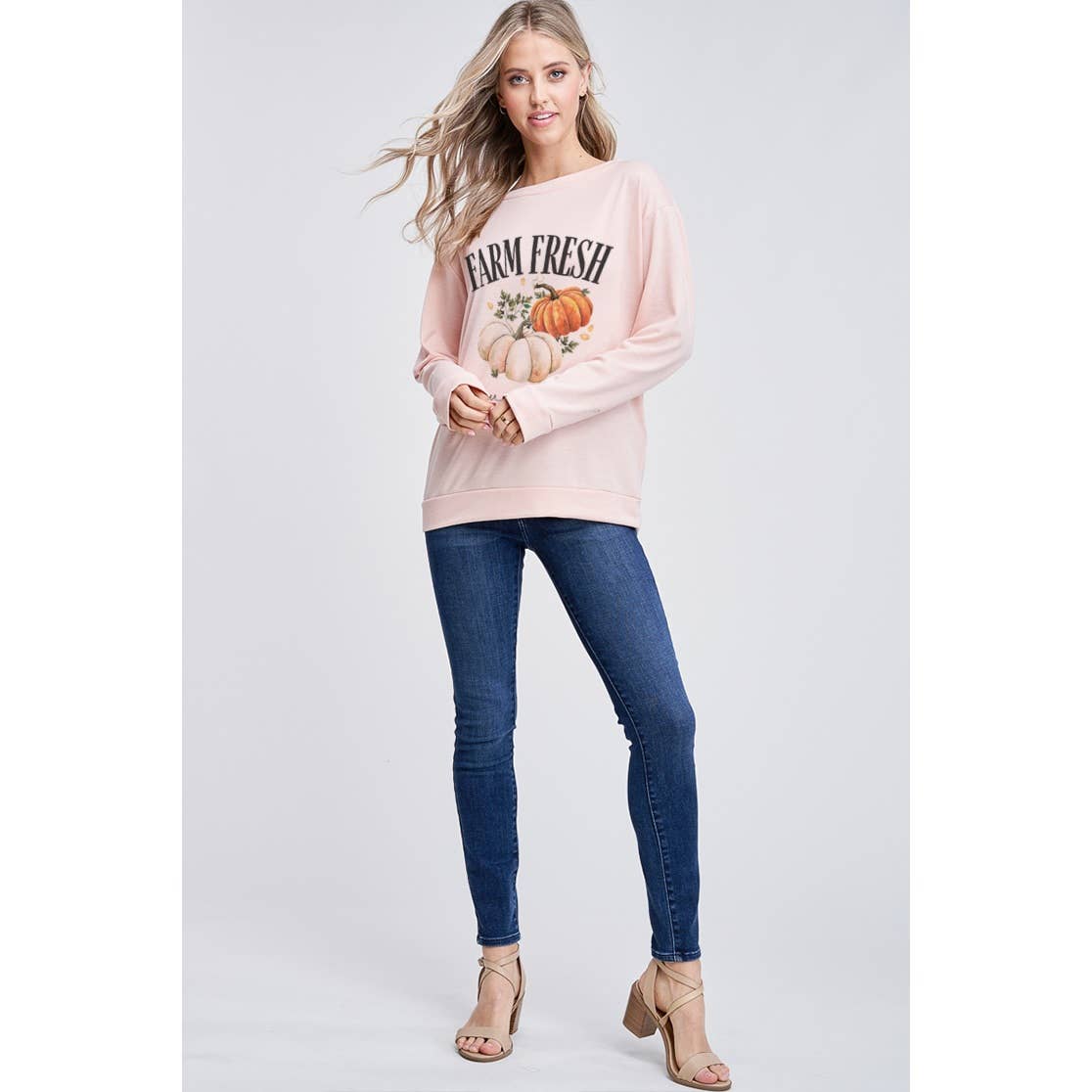 Fall pumpkin print french terry sweatshirt: IVORY / L