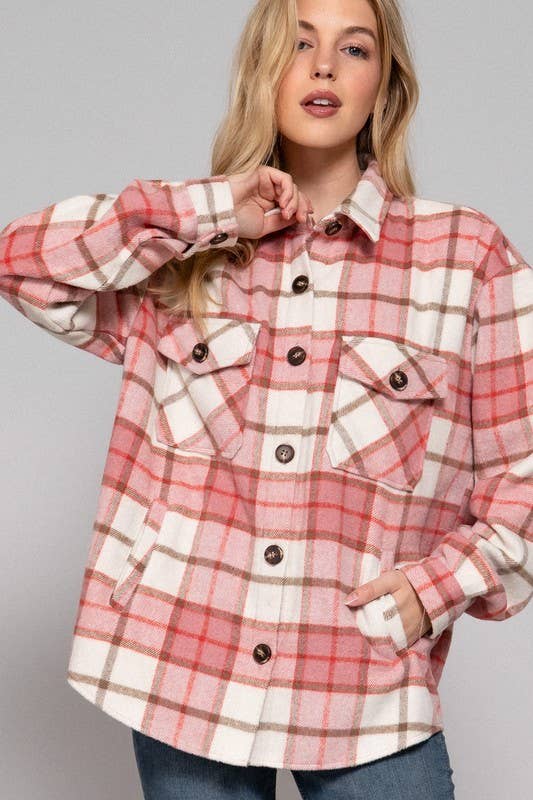 Long Slv Wool Blend Plaid Jacket: PINK/KHAKI / 1-1-1 (S-M-L)