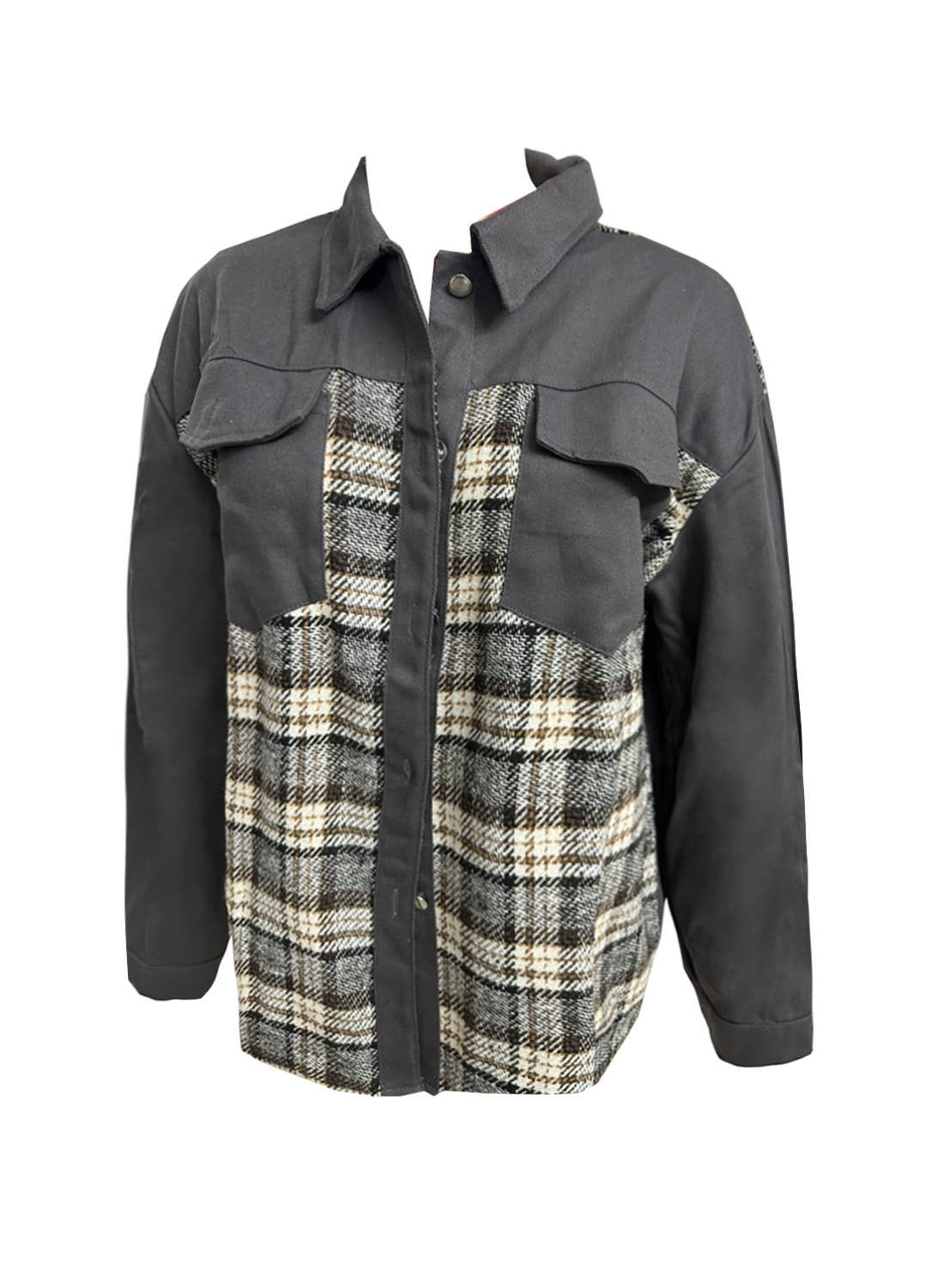 Long-Sleeved Plaid Button-Down Shirt Jacket: Black / S