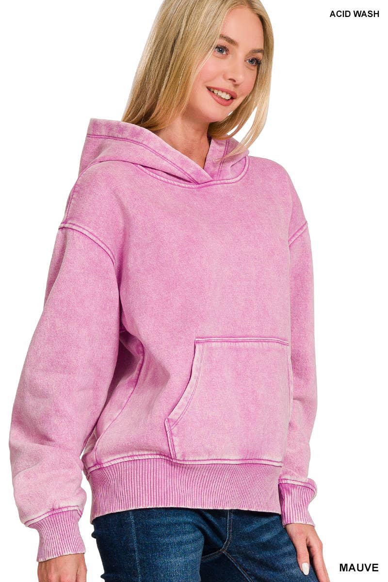 Fleece Acid Wash Kangaroo Pocket Hoodie: SLEET / 2-2-2 (S-M-L)