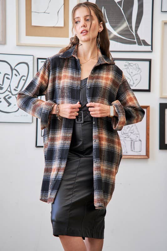 Plus Size Button Down Flannel Shacket: RUST / 2-2-2 (1XL-2XL-3XL)