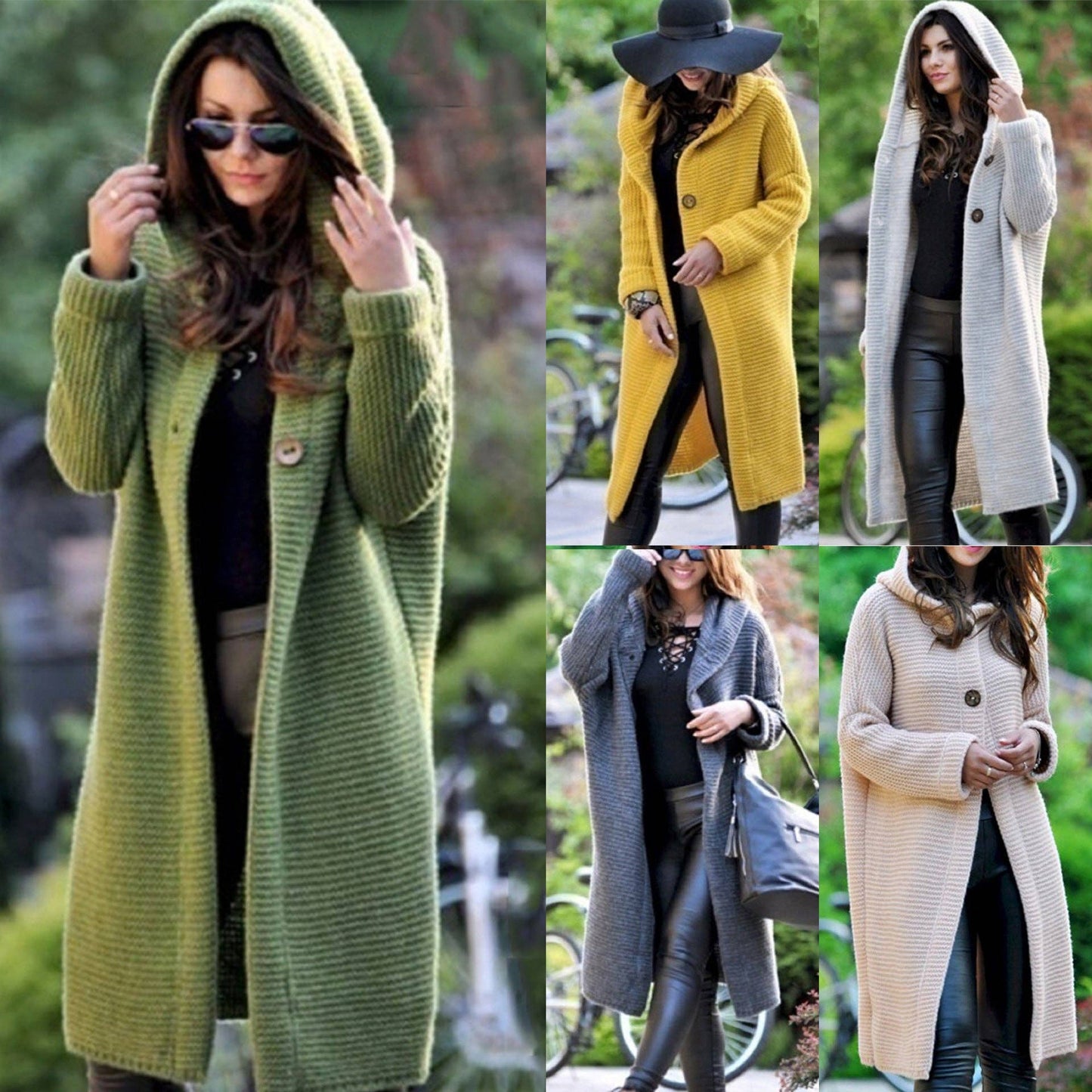 Button Hooded Solid Color Sweater Coat Cardigan NG5135: Green / L