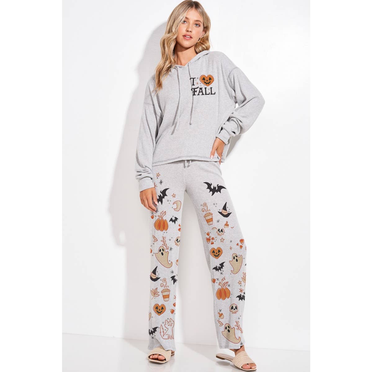 Halloween print rib Hoodie loungewear set  p: IVORY / S