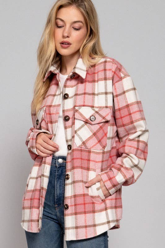 Long Slv Wool Blend Plaid Jacket: PINK/KHAKI / 1-1-1 (S-M-L)