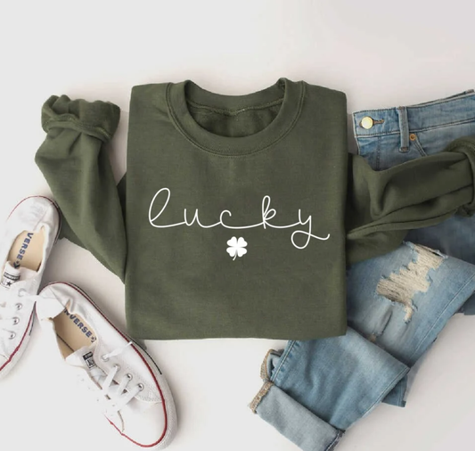 St Patrick lucky sweatshirt st pattys day 4 leaf clover: Olive / L
