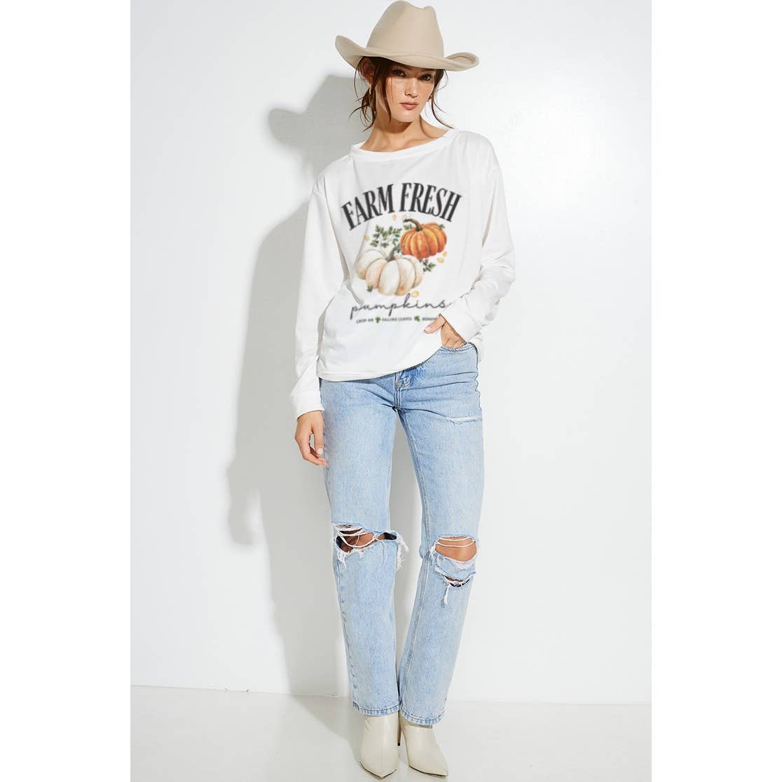 Fall pumpkin print french terry sweatshirt: IVORY / L