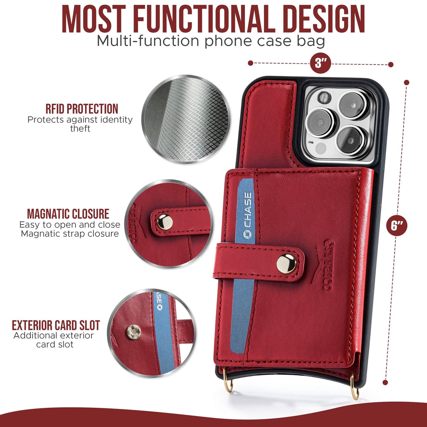 IPhone 13 - Crossbody Cell Phone Faux Leather Wallet w/Credi: Burgundy
