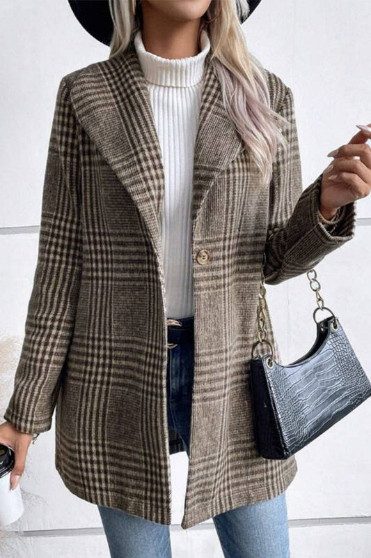 CWOCO0263_AUTUMN-WINTER FASHION LAPEL WOOL PLAID COAT: APRICOT / (XL) 1