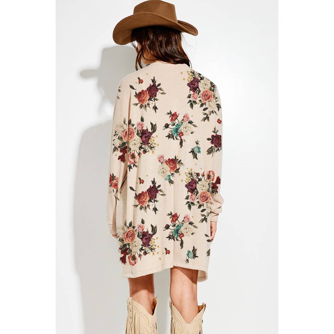 Floral print Knit casual style Cardigan: KHAKI / S