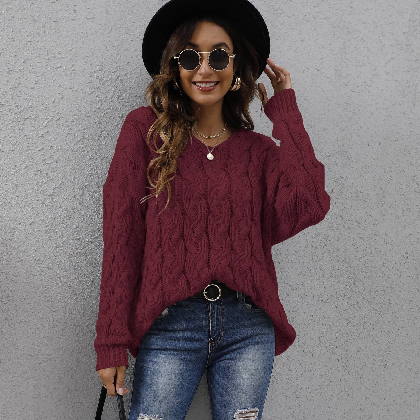 Thick twist knit V-neck hooded pullover sweater: WINE / (L) 1