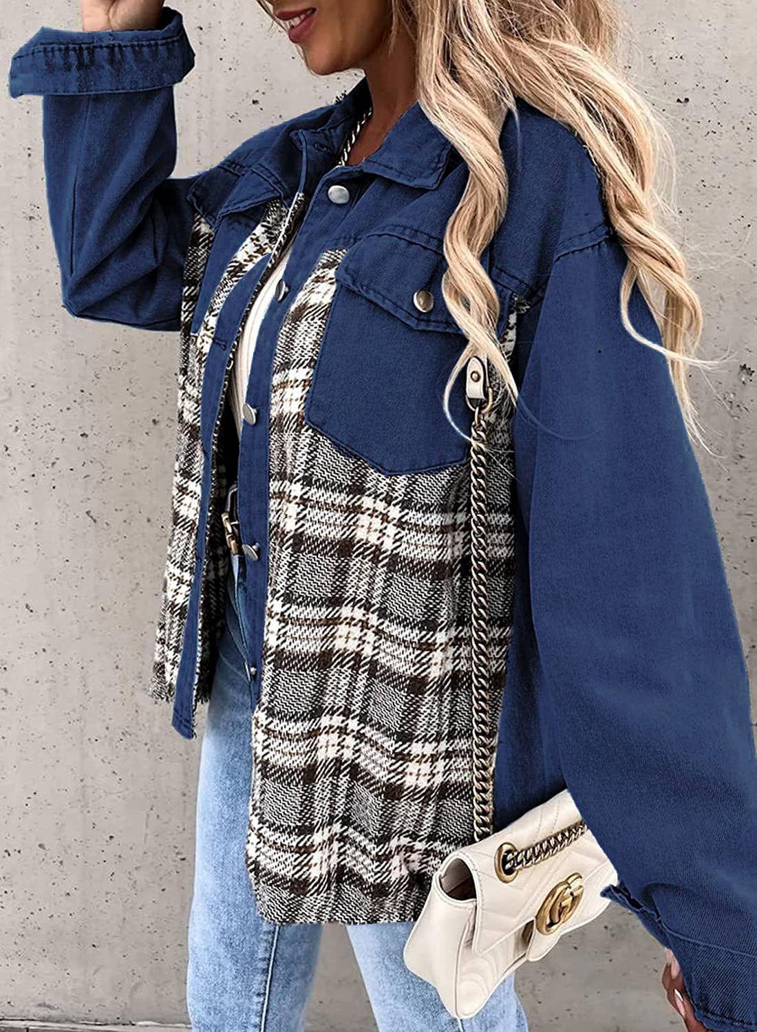 Long-Sleeved Plaid Button-Down Shirt Jacket: Black / S