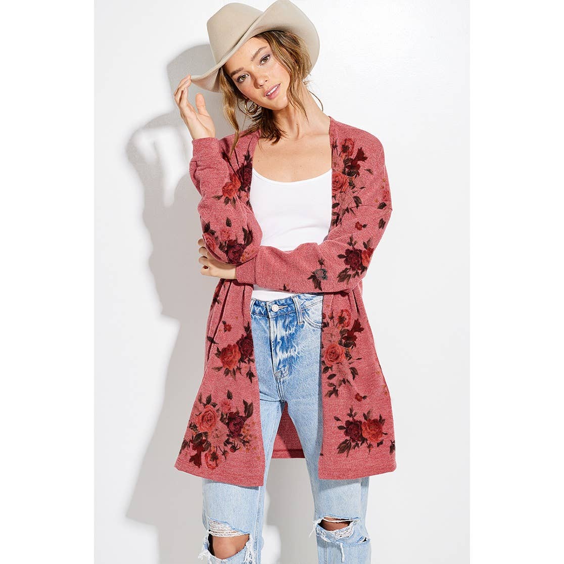 Floral print Knit casual style Cardigan: KHAKI / S