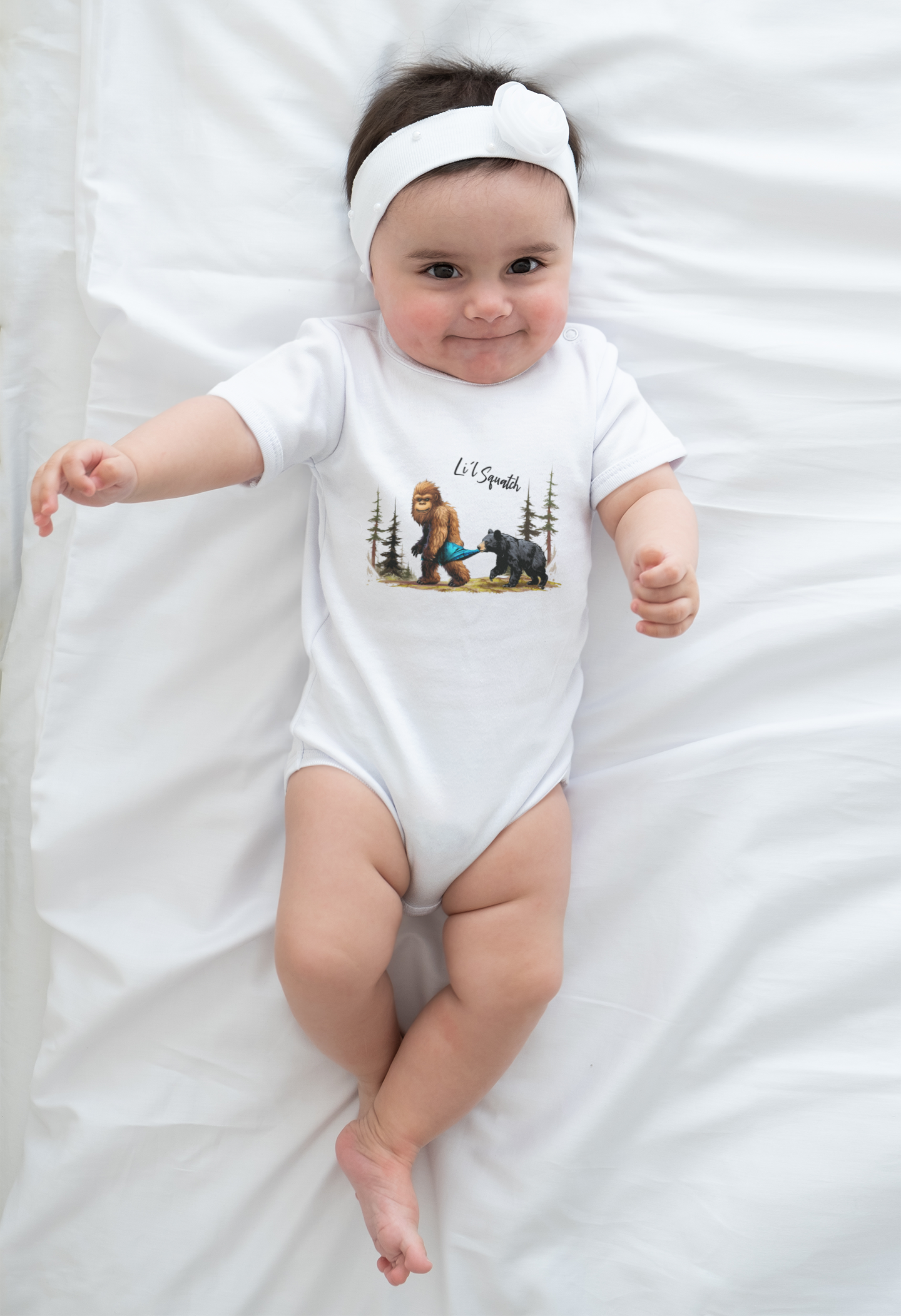 Li'l Squatch & bear one piece bodysuit onesie for babies: White / 6-9 mo