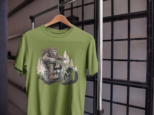 Biker Bigfoot on green t-shirt - Biker Squatch Collection: XL