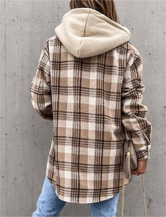 Hooded shacket loose plaid shirt jacket: Gray / XL