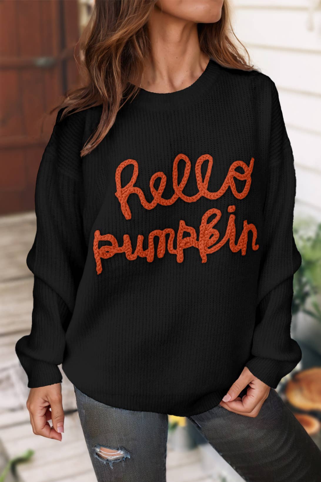 Graphic * Hello Pumpkin Letter Knit Sweater | S-2XL: As shown / Missy / M