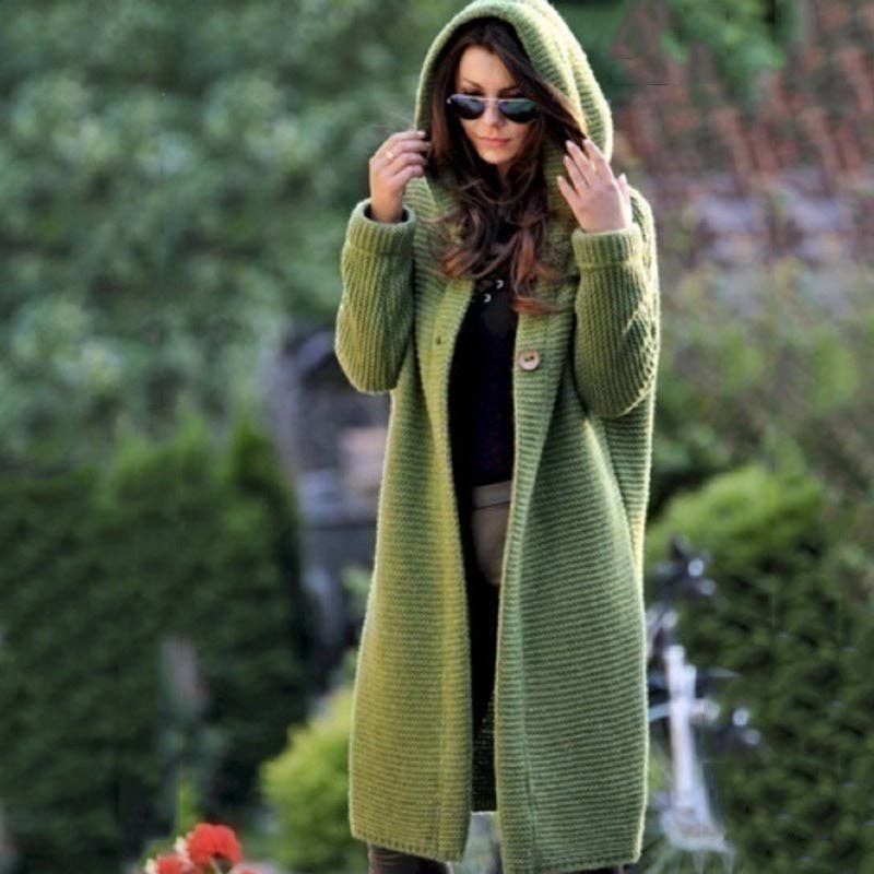 Button Hooded Solid Color Sweater Coat Cardigan NG5135: Green / L