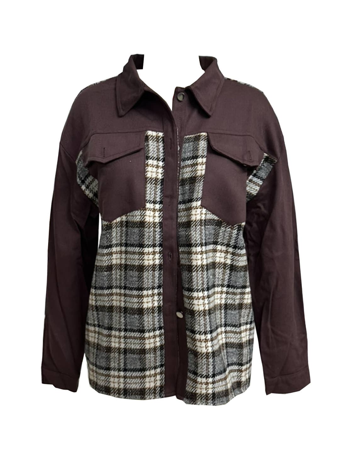 Long-Sleeved Plaid Button-Down Shirt Jacket: Black / S