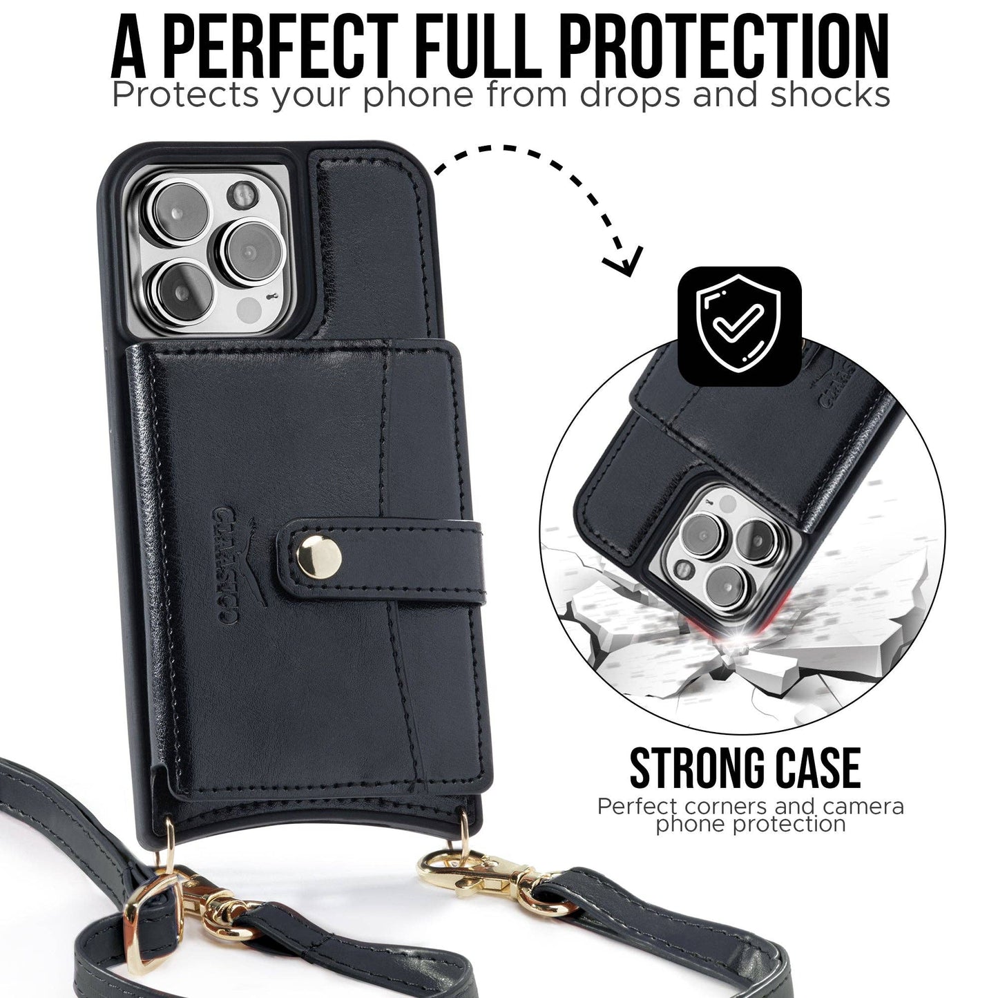 IPhone 13 - Crossbody Cell Phone Faux Leather Wallet w/Credi: Black