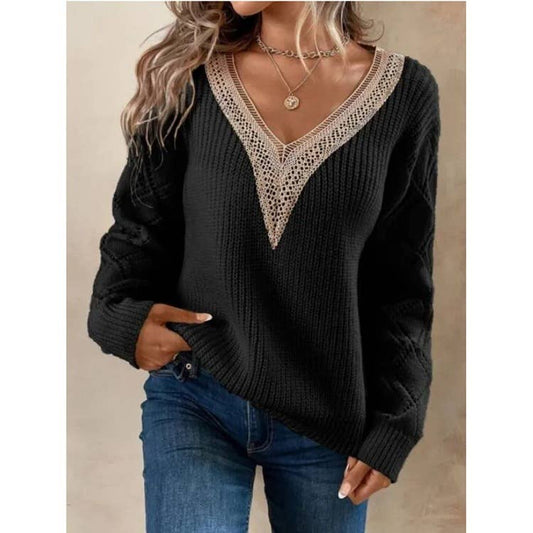 CWOSWL1370_V-Neck Casual Long Sleeve Pullover Sweater: Black / (M) 1