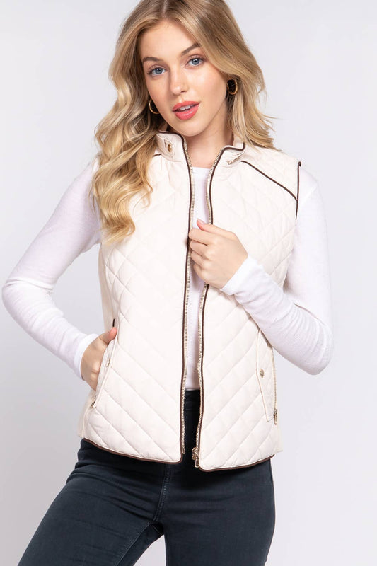 Suede Piping Detail Rib Quilted Padding Vest: WHT-white / L