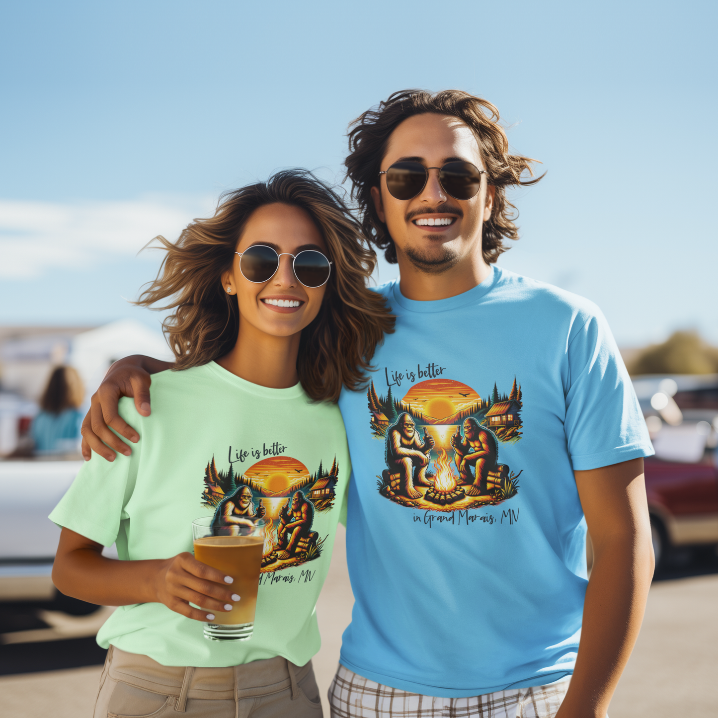Life is better in...YOUR LOCATION - Bigfoot campfire shirt: Carolina blue / 4X