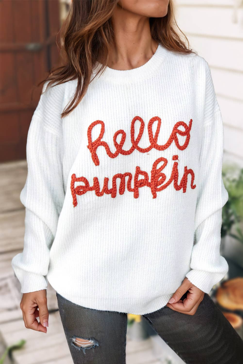 Graphic * Hello Pumpkin Letter Knit Sweater | S-2XL: As shown / Missy / M