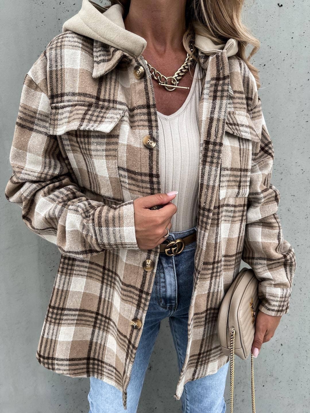 Hooded shacket loose plaid shirt jacket: Gray / XL