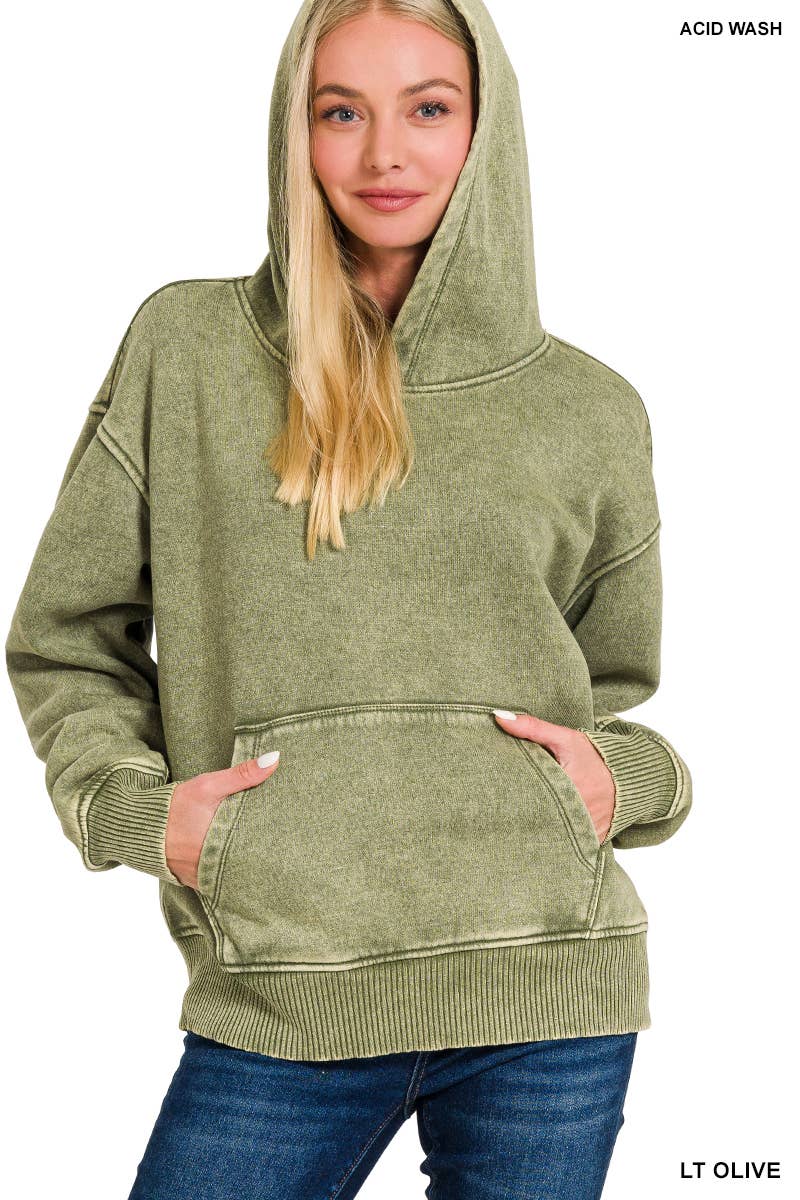 Fleece Acid Wash Kangaroo Pocket Hoodie: LT OLIVE / 2-2-2 (S-M-L)