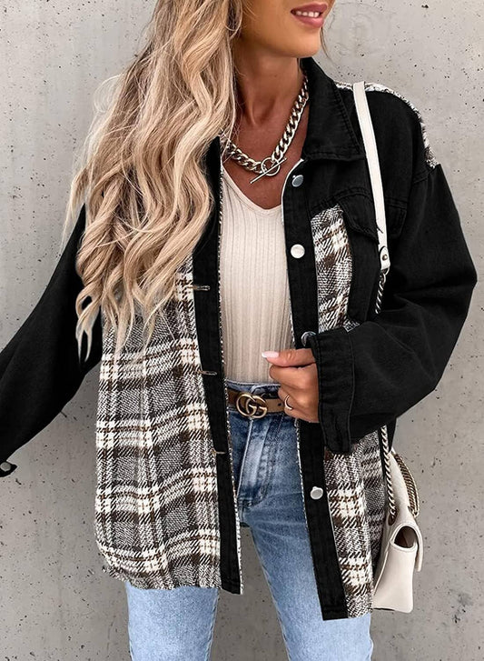 Long-Sleeved Plaid Button-Down Shirt Jacket: Black / S